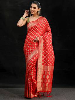 Libas - Women Red Silk Blend Woven Saree with Unstitched Blouse