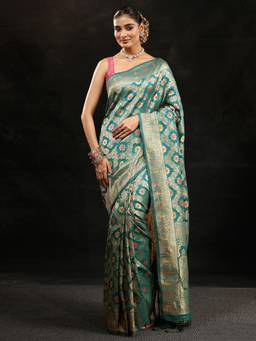 Libas - Women Green Silk Blend Woven Saree with Unstitched Blouse