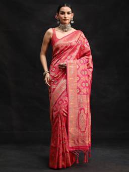 Libas - Women Pink Silk Blend Woven Saree with Unstitched Blouse