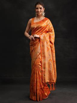 Libas - Women Orange Silk Blend Woven Saree with Unstitched Blouse