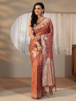 Libas - Women Rust Silk Blend Woven Saree with Unstitched Blouse