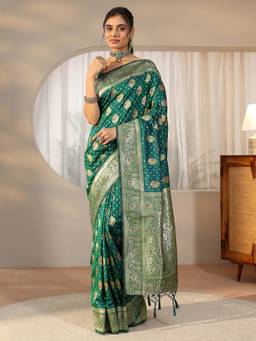 Libas - Women Green Silk Blend Woven Saree with Unstitched Blouse