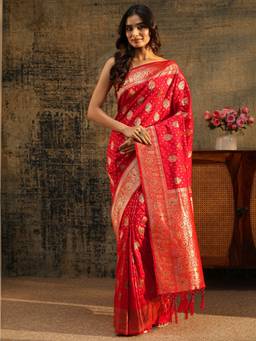 Libas - Women Red Silk Blend Woven Saree with Unstitched Blouse