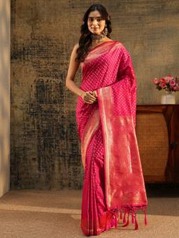 Libas - Women Pink Silk Blend Woven Saree with Unstitched Blouse