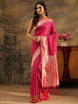 Libas - Women Pink Silk Blend Woven Saree with Unstitched Blouse