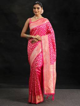 Libas - Women Pink Silk Blend Woven Saree with Unstitched Blouse