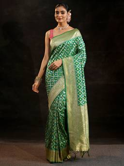 Libas - Women Green Silk Blend Woven Saree with Unstitched Blouse