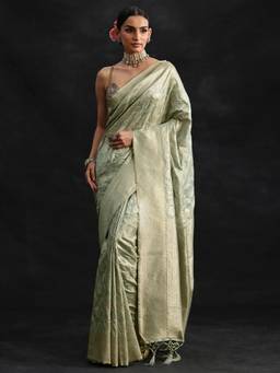Libas - Women Green Silk Blend Woven Saree with Unstitched Blouse