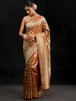 Libas - Women Rust Silk Blend Woven Saree with Unstitched Blouse
