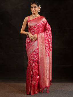 Libas - Women Pink Silk Blend Woven Saree with Unstitched Blouse