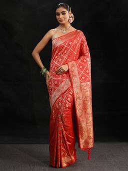 Libas - Women Red Silk Blend Woven Saree with Unstitched Blouse