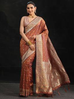 Libas - Women Rust Silk Blend Woven Saree with Unstitched Blouse