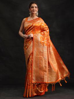 Libas - Women Orange Silk Blend Woven Saree with Unstitched Blouse