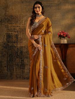 Libas Art - Women Gold Tissue Embellished/Sequined Saree with Unstitched Blouse