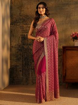 Libas Art - Women Pink Georgette Embellished/Sequined Saree with Unstitched Blouse