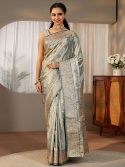 Libas - Women Blue Satin Woven Saree with Unstitched Blouse