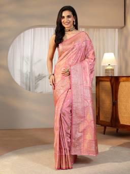 Libas - Women Pink Satin Woven Saree with Unstitched Blouse
