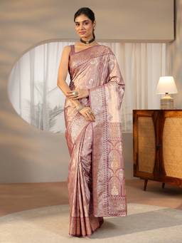 Libas - Women Lavender Satin Woven Saree with Unstitched Blouse
