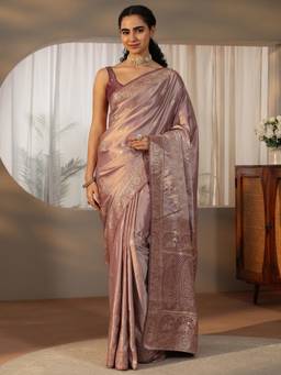 Libas - Women Mauve Satin Woven Saree with Unstitched Blouse