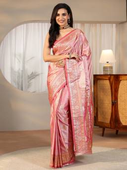 Libas - Women Pink Satin Woven Saree with Unstitched Blouse