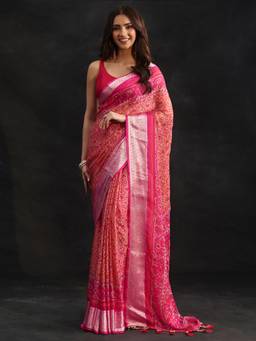 Libas - Women Pink Chiffon Printed Saree with Unstitched Blouse