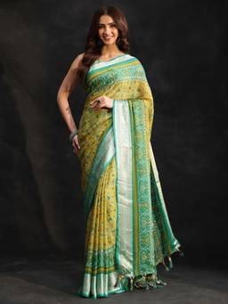 Libas - Women Green Chiffon Printed Saree with Unstitched Blouse