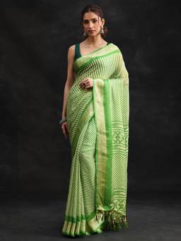 Libas - Women Green Chiffon Woven Saree with Unstitched Blouse