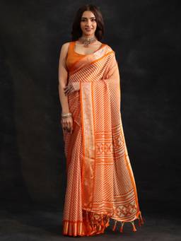 Libas - Women Orange Chiffon Woven Saree with Unstitched Blouse