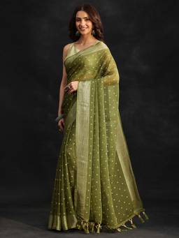 Libas - Women Green Chiffon Printed Saree with Unstitched Blouse