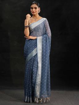 Libas - Women Blue Chiffon Printed Saree with Unstitched Blouse