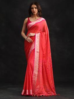 Libas - Women Pink Chiffon Woven Saree with Unstitched Blouse