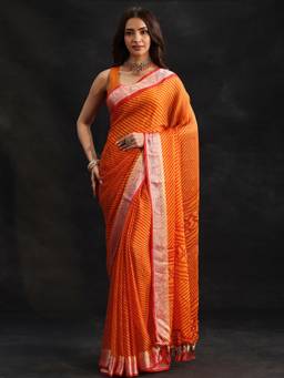 Libas - Women Orange Chiffon Woven Saree with Unstitched Blouse
