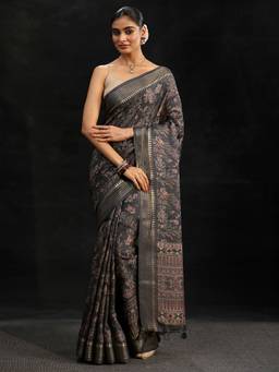 Libas - Women Blue Silk Blend Printed Saree with Unstitched Blouse