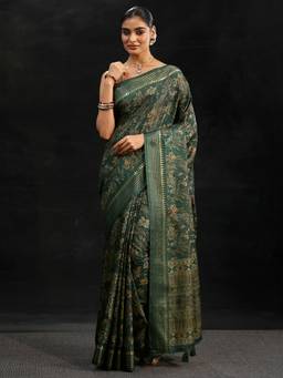 Libas - Women Green Silk Blend Printed Saree with Unstitched Blouse
