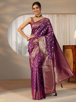 Libas - Women Purple Silk Blend Woven Saree with Unstitched Blouse