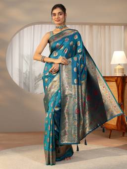 Libas - Women Blue Silk Blend Woven Saree with Unstitched Blouse