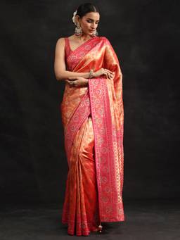 Libas - Women Orange Silk Blend Woven Saree with Unstitched Blouse