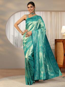 Libas - Women Blue Silk Blend Woven Saree with Unstitched Blouse