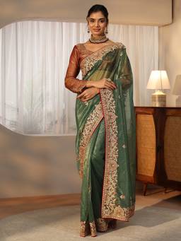 Libas - Women Green Net Embellished/Sequined Saree with Unstitched Blouse