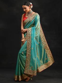 Libas - Women Blue Net Embellished/Sequined Saree with Unstitched Blouse