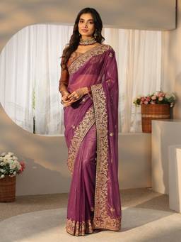 Libas - Women Purple Net Embroidered Saree with Unstitched Blouse