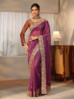 Libas - Women Purple Net Embellished/Sequined Saree with Unstitched Blouse