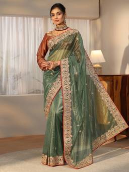 Libas - Women Green Net Embellished/Sequined Saree with Unstitched Blouse