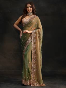 Libas - Women Green Tissue Embellished/Sequined Saree with Unstitched Blouse