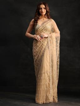 Libas - Women Gold Net Embellished/Sequined Saree with Unstitched Blouse
