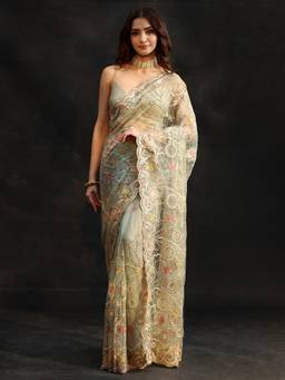 Libas - Women Blue Net Embellished/Sequined Saree with Unstitched Blouse