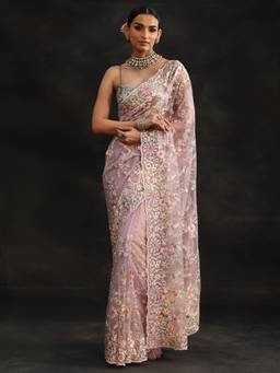 Libas - Women Lavender Net Embellished/Sequined Saree with Unstitched Blouse