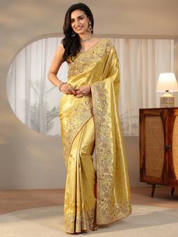 Libas - Women Yellow Satin Embellished/Sequined Saree with Unstitched Blouse