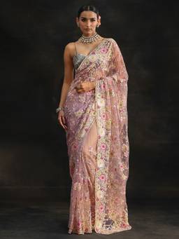 Libas Art - Women Pink Net Embroidered Saree with Unstitched Blouse