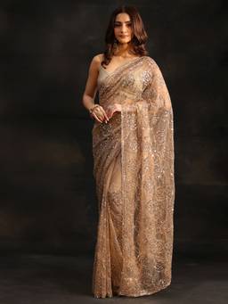 Libas Art - Women Taupe Net Embellished/Sequined Saree with Unstitched Blouse